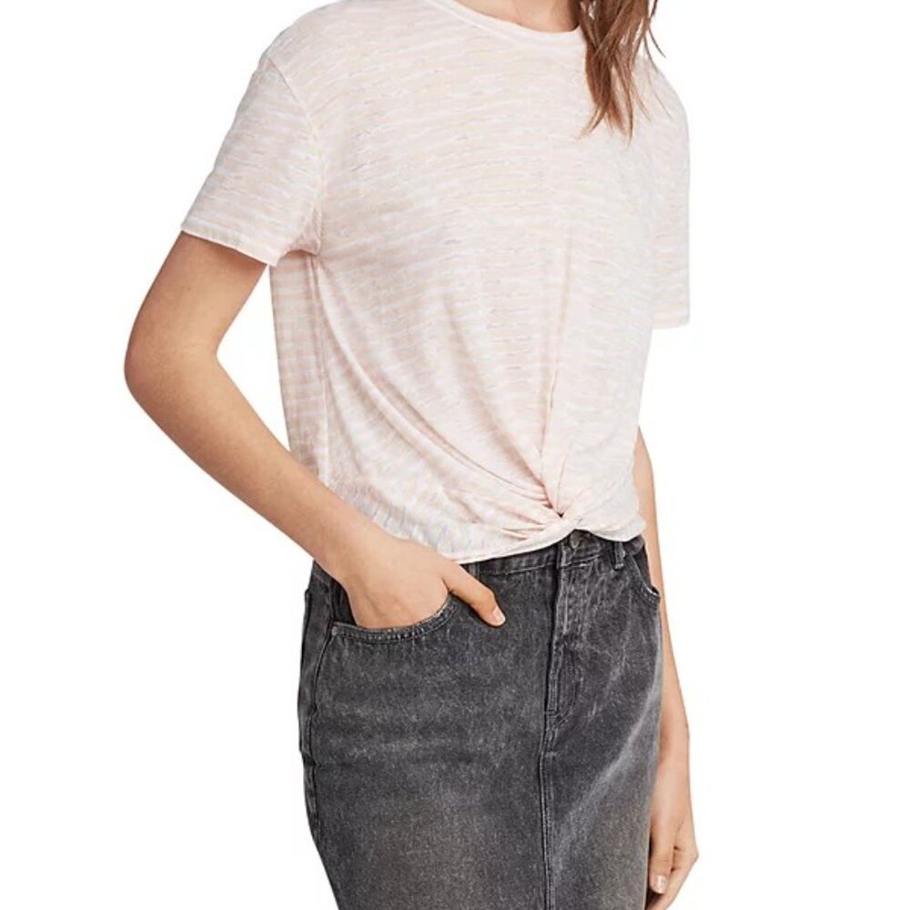AllSaints Carme Twist Front Striped Tee Petal Pink White T-Shirt Women's Size L